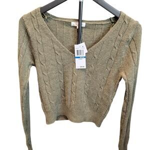 Ultra Flirt Ivy Green Cable Knit V Neck Sweater Medium NWT